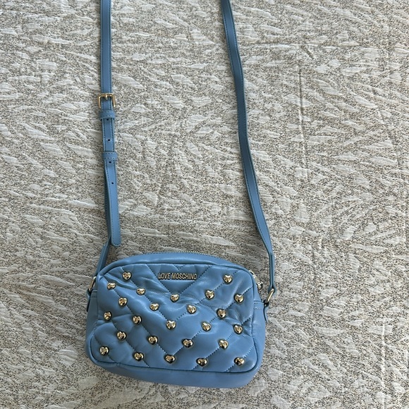 Love Moschino baby blue Gold Hearts Studded Crossbody Handbag. - Picture 2 of 6